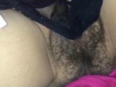 Ejaculating his cum on her hairy pussy